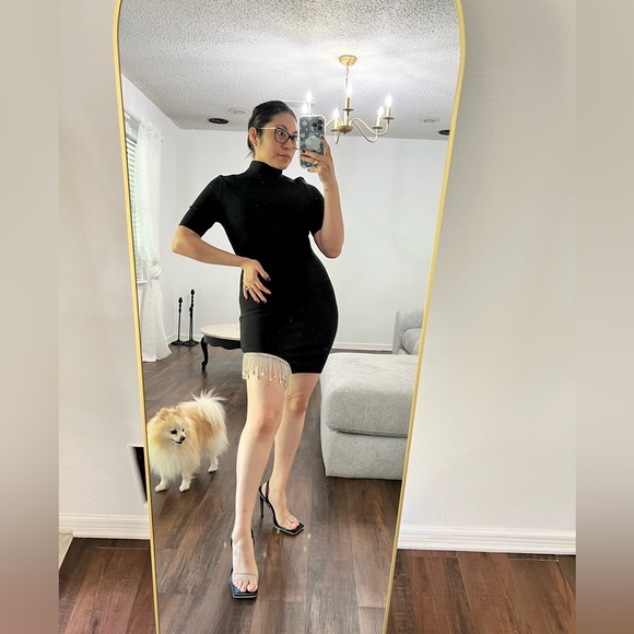 Black Mock-Neck Bandage Bodycon Mini Dress with Rhinestone detail on right side - Picture 3 of 11